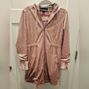 Colleen Lopez XS Blush Pink Crushed Velvet Hooded Zip Jacket Longline Soft Stret
